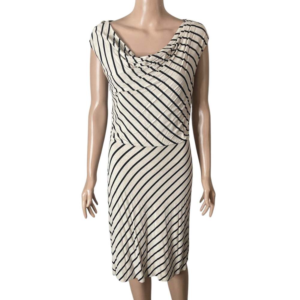 Ann Taylor Dress Womens Small Off White Black Striped Stretch Short Sleeve